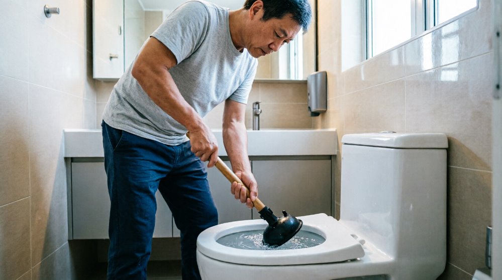 Прочистка засора в унитазе вантузом