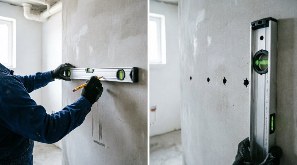 Разметка стены для крепления подвесной тумбы с уровнем