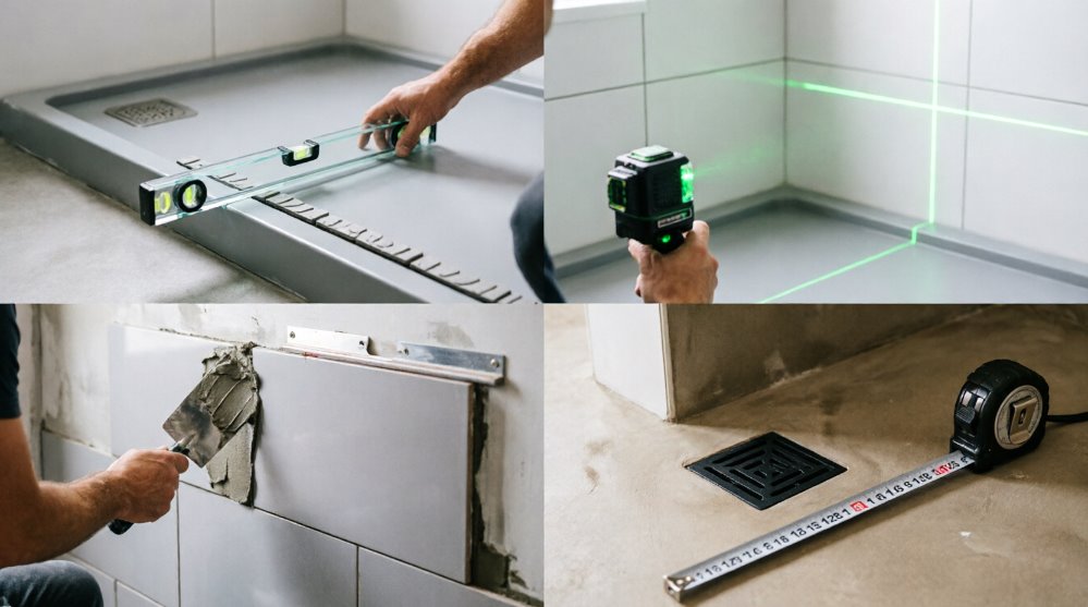 Разметка высоты и выравнивание душевого поддона по уровню