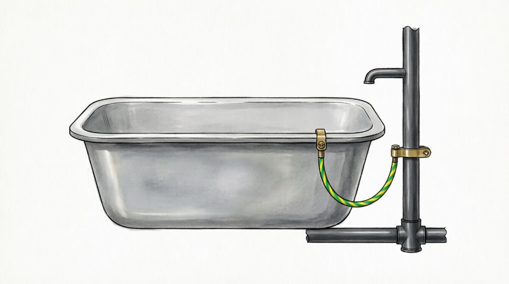 Схема заземления ванны через соединение с металлическим трубопроводом