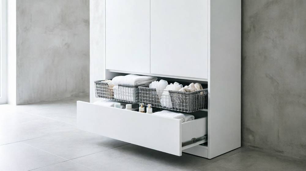 Шкаф для ванной комнаты пенал с выдвижными корзинами