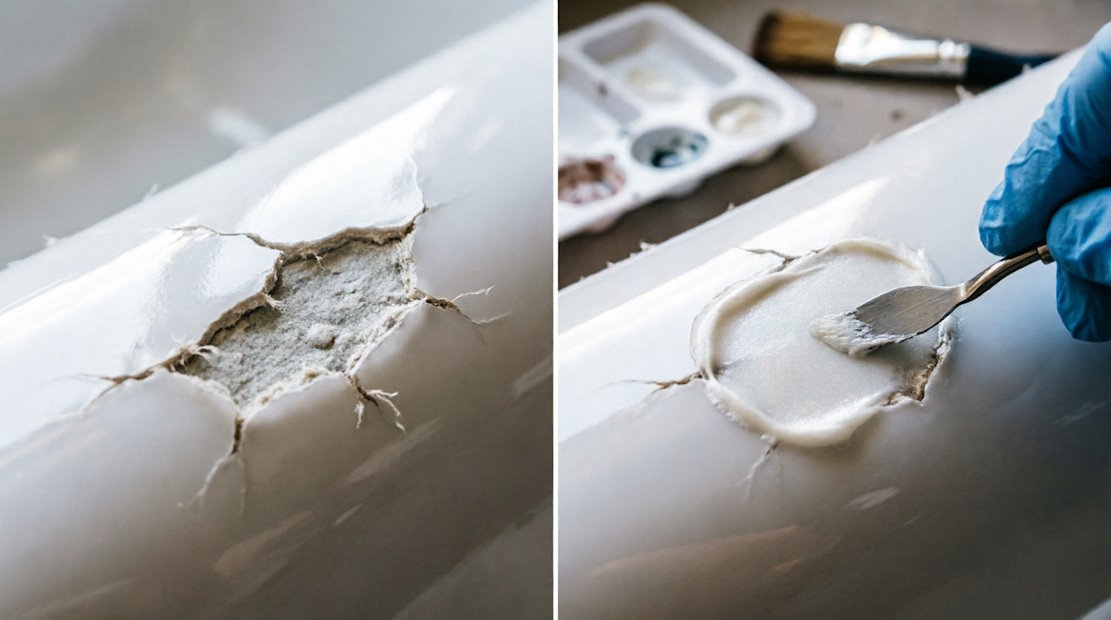 Скол на акриловой ванне до ремонта и процесс восстановления