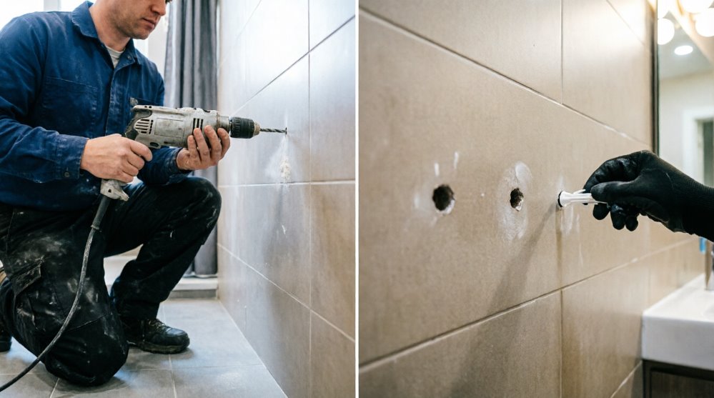 Сверление отверстий в стене под крепление подвесной тумбы