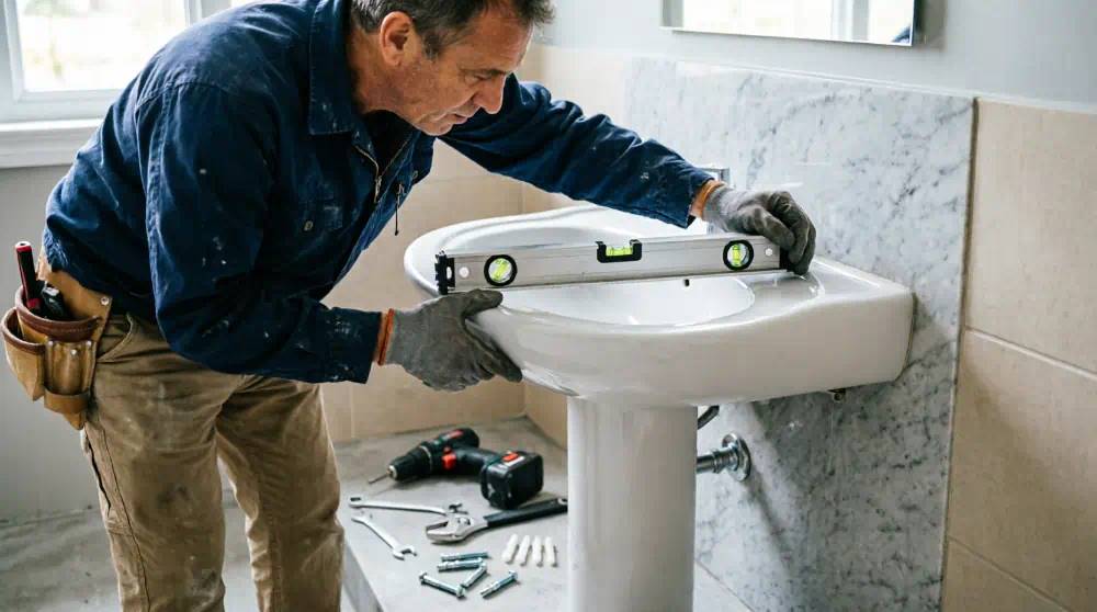 Проверка уровня при установке раковины с пьедесталом