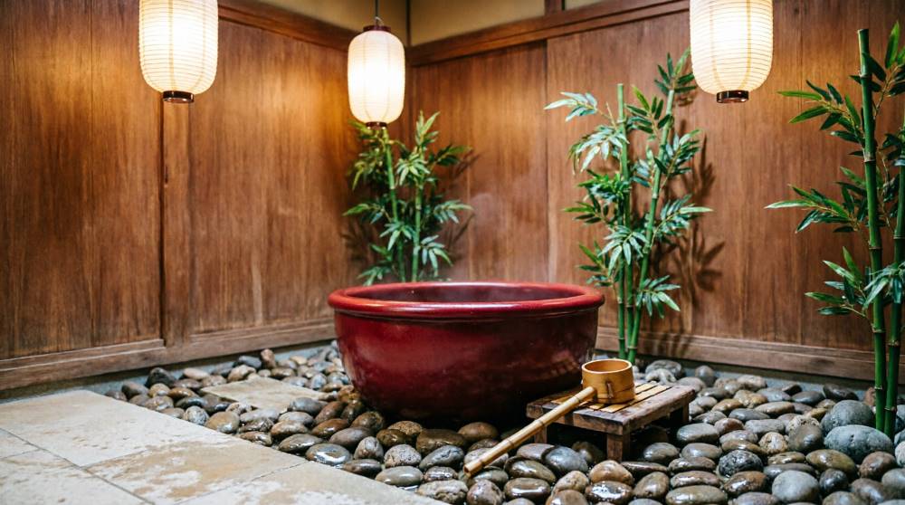 Красная ванная в японском стиле с деревянной отделкой