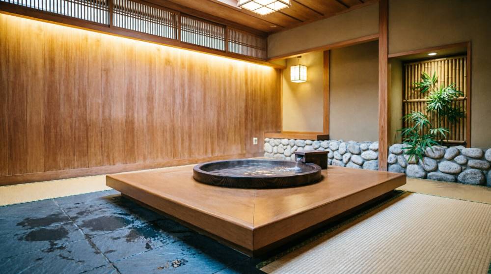 Японская ванная комната с подиумом и деревянной отделкой