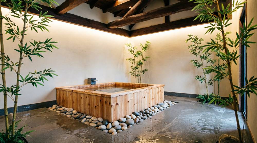 Отделка японской ванной деревом и камнем