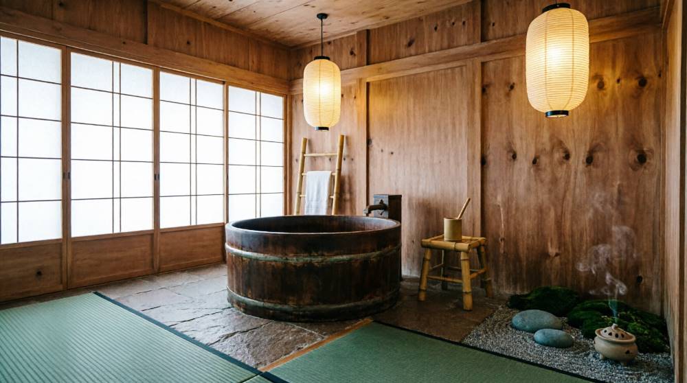 Ванная комната в японском стиле с деревянной отделкой