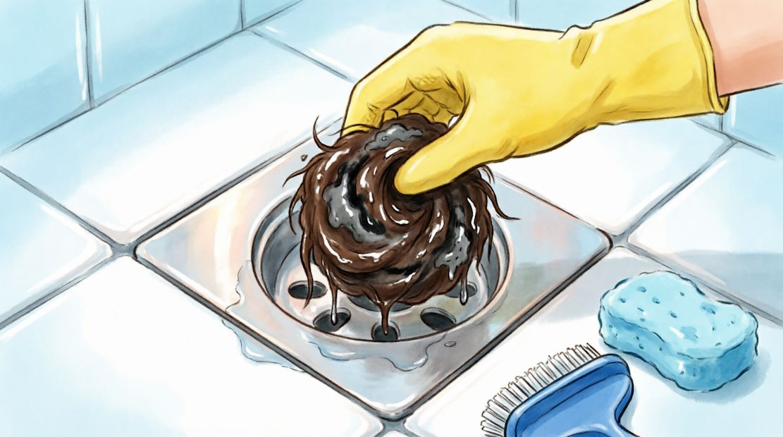 Чистка трапа в душевой кабине от волос и грязи